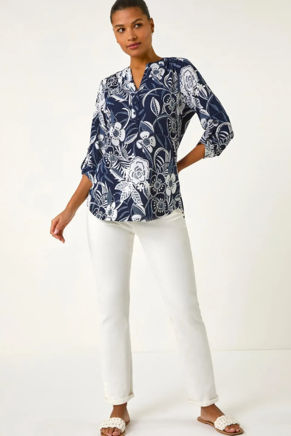 Tops>Roman Navy Textured Floral Print V-Neck Stretch Shirt
