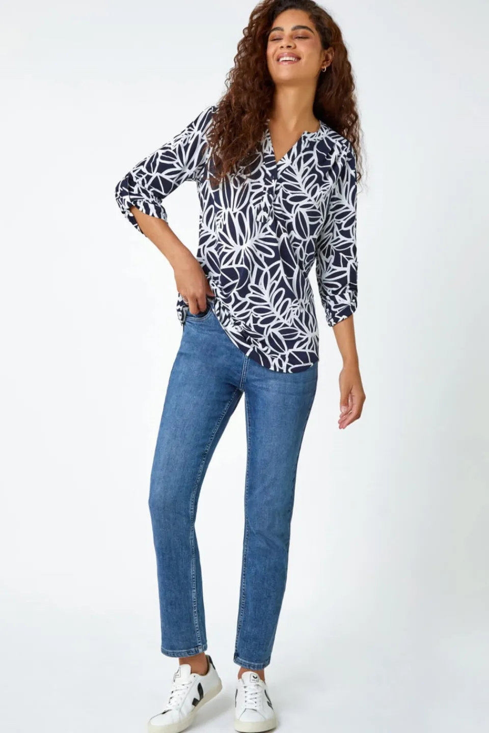 Tops>Roman Navy Textured Floral Print Stretch Top