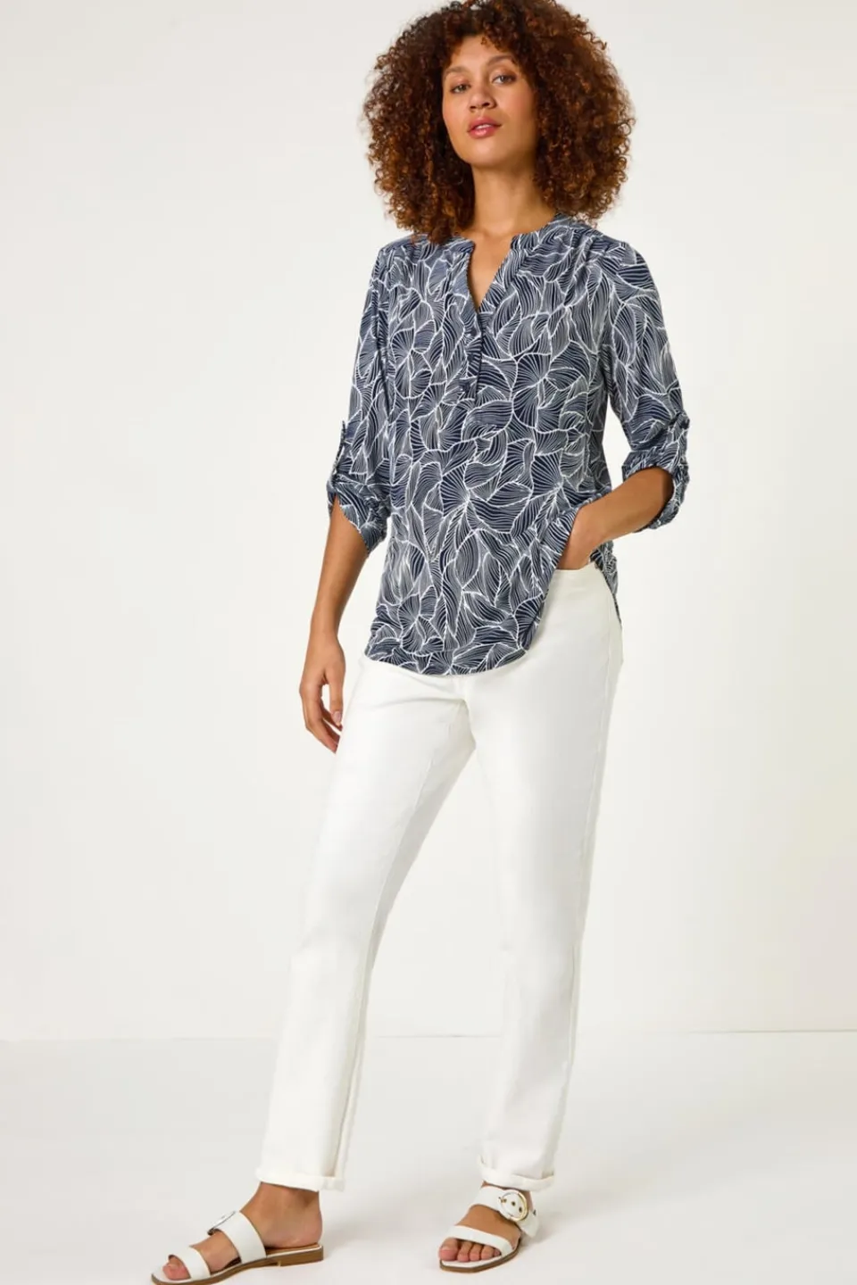 Tops>Roman Navy Textured Leaf Print V-Neck Stretch Shirt