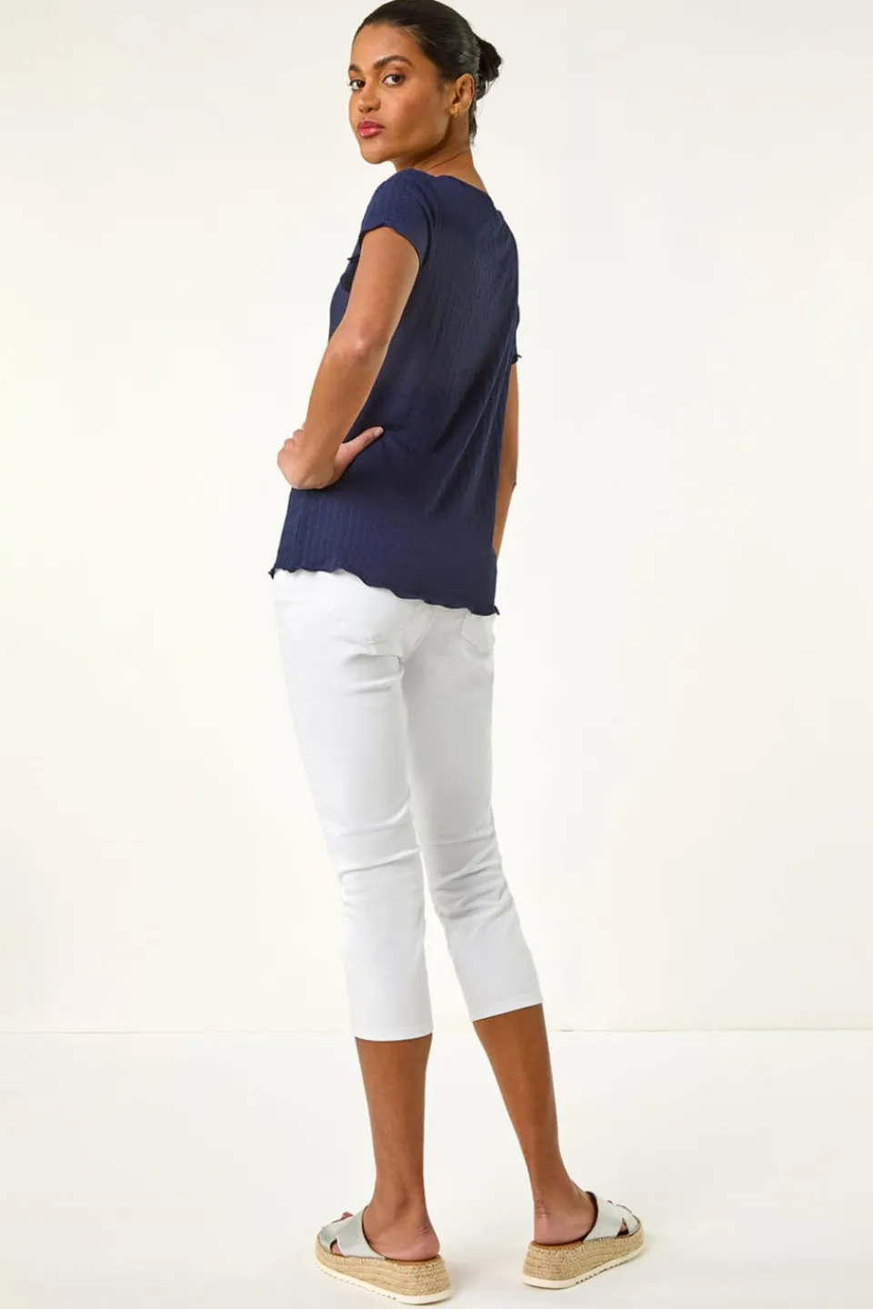 T-Shirts>Roman Navy Textured Lettuce Edge Top