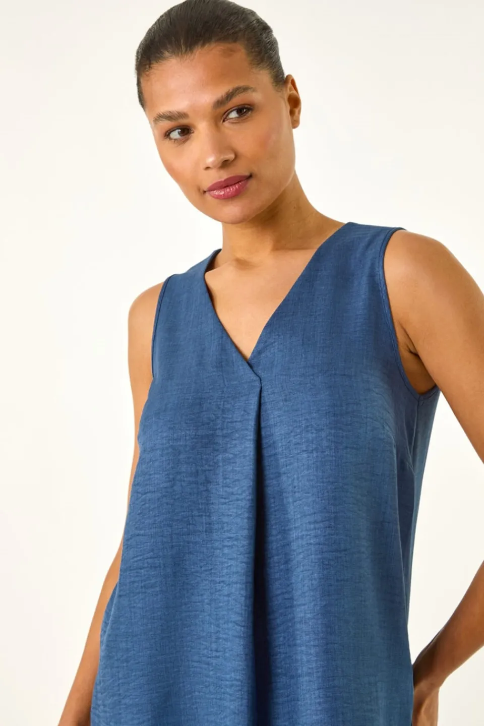 Tops>Roman Navy Textured Pleat Front Vest Top