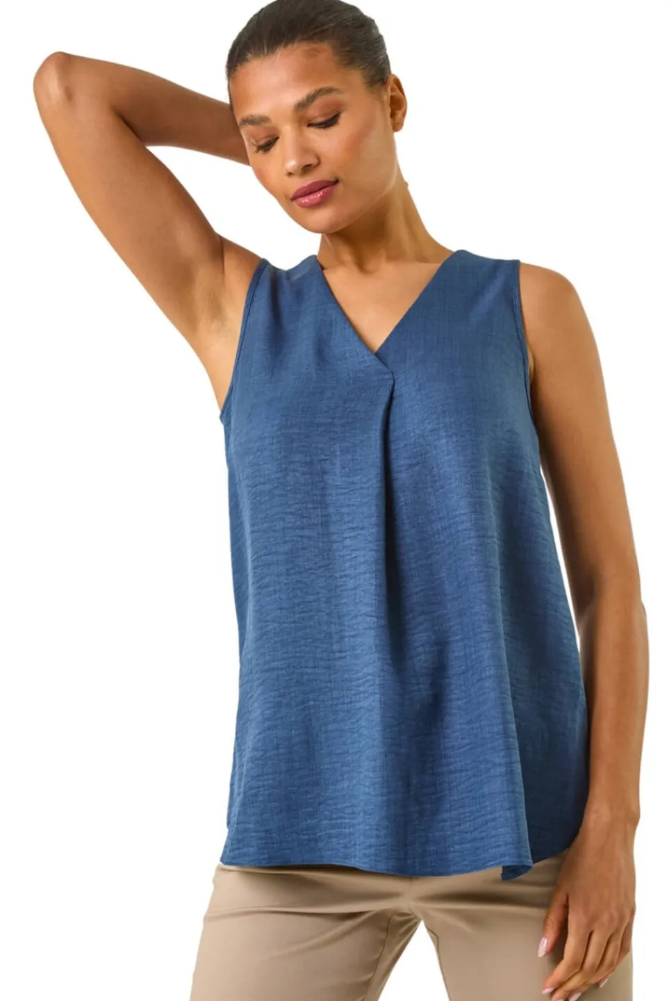 Tops>Roman Navy Textured Pleat Front Vest Top