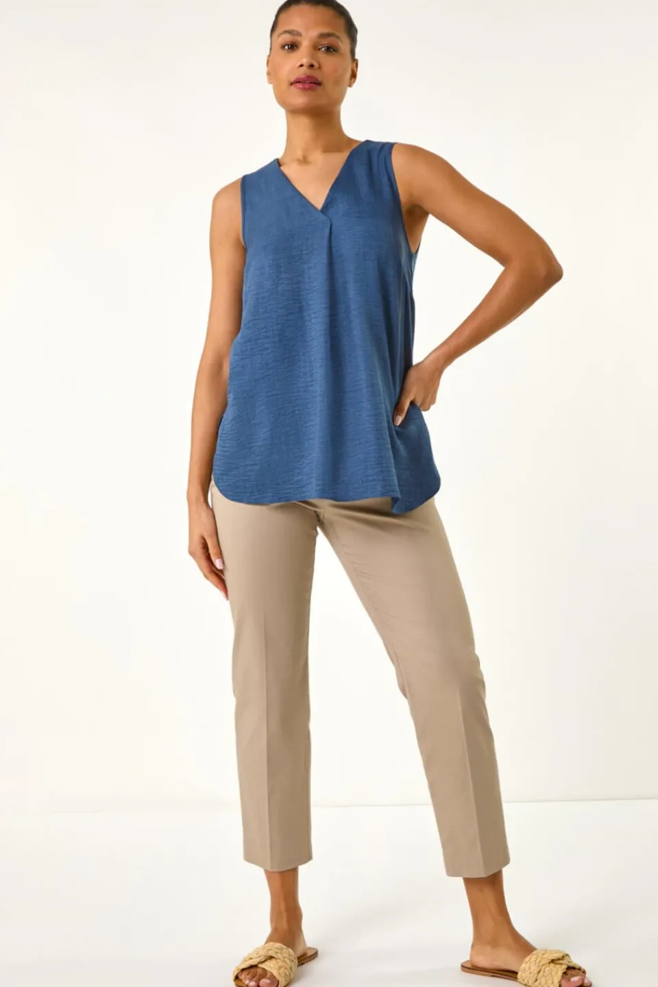 Tops>Roman Navy Textured Pleat Front Vest Top