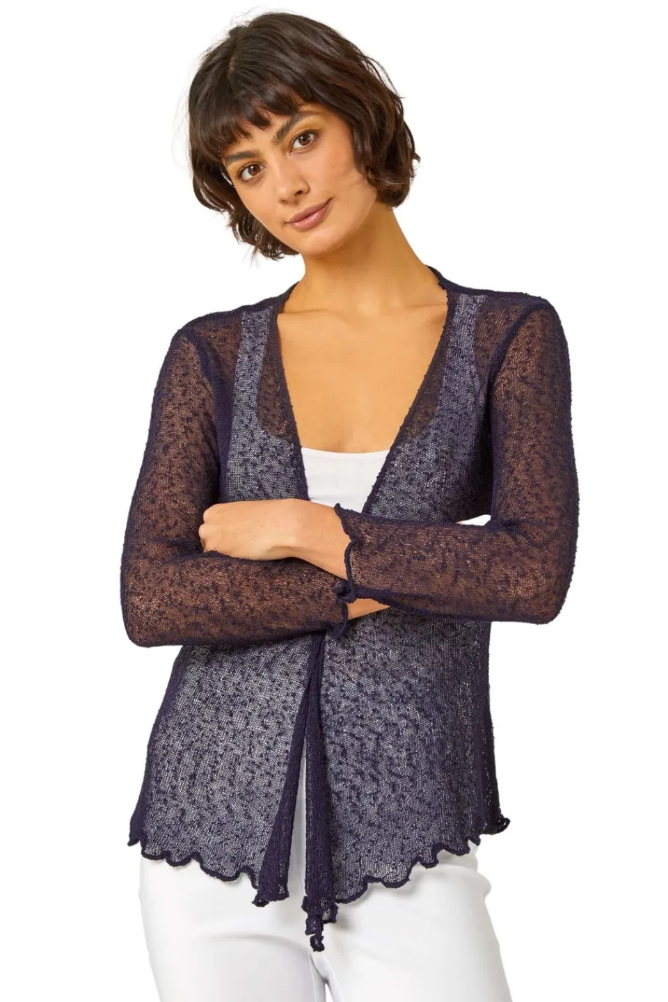 Tops>Roman Navy Textured Pointelle Detail Shrug