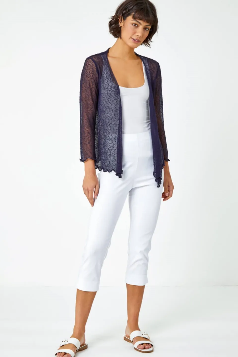 Tops>Roman Navy Textured Pointelle Detail Shrug
