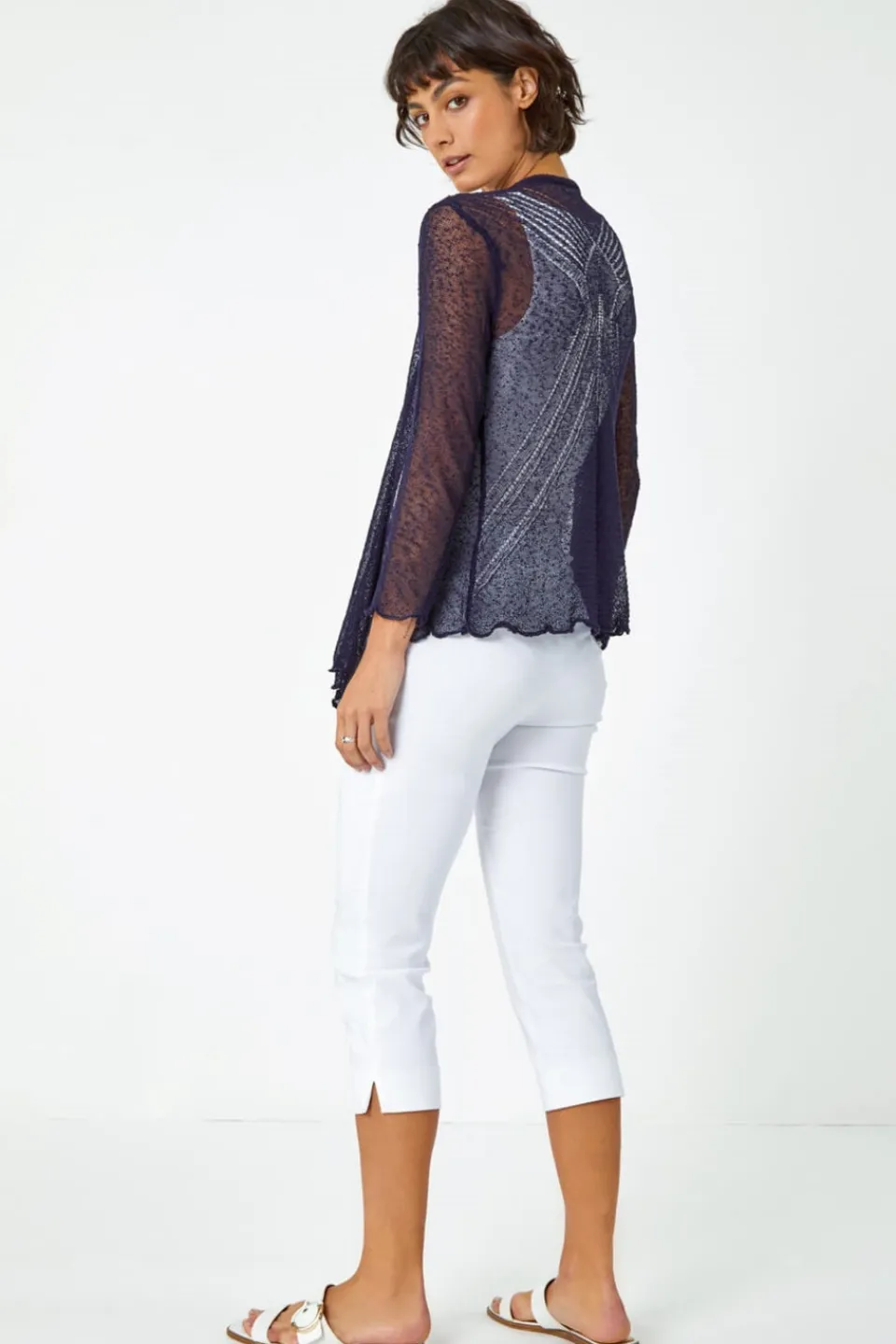 Tops>Roman Navy Textured Pointelle Detail Shrug