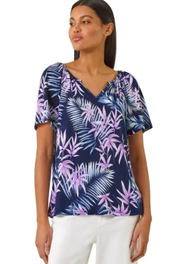 Tops>Roman Navy Textured Print Notch Neck Stretch Top