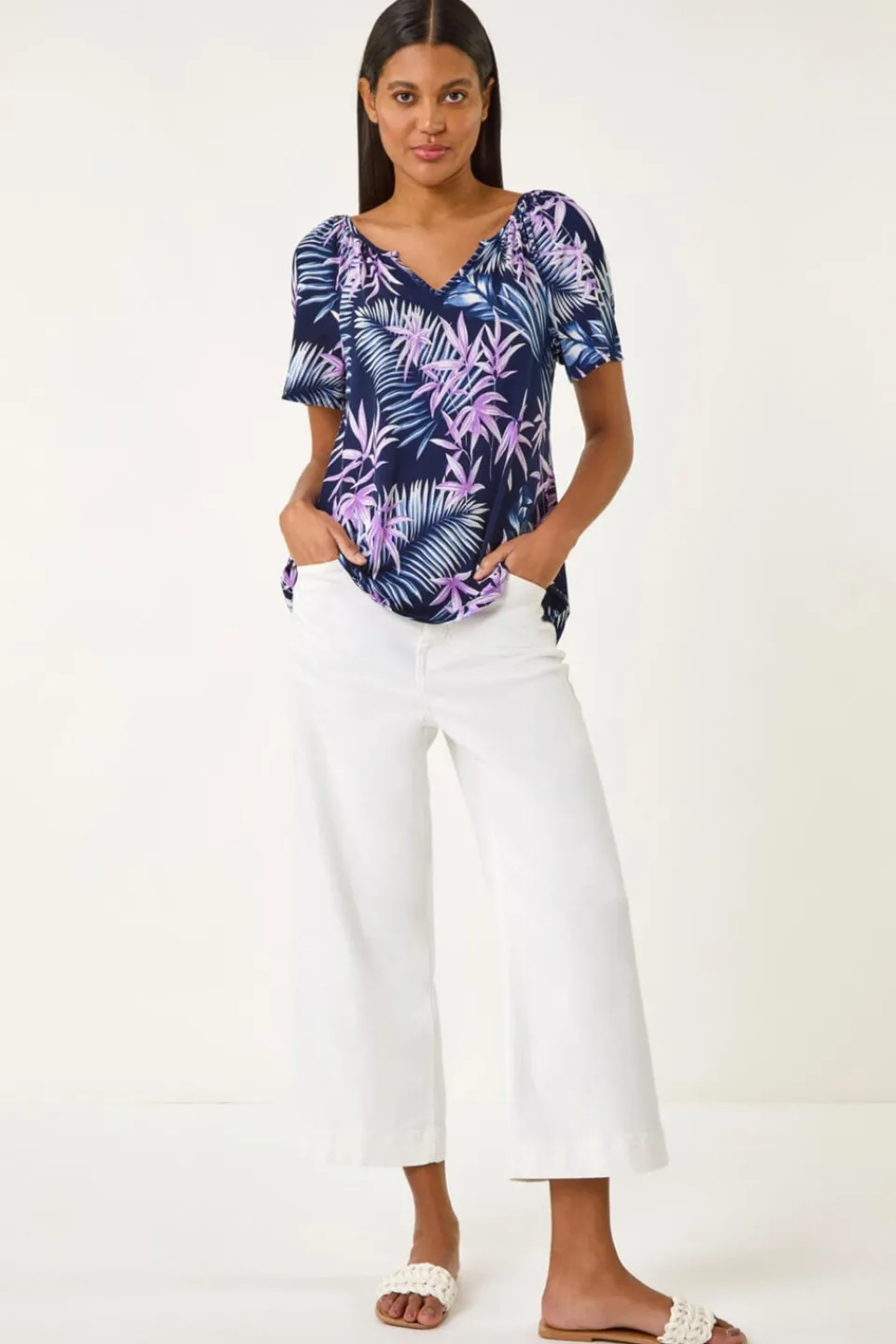 Tops>Roman Navy Textured Print Notch Neck Stretch Top