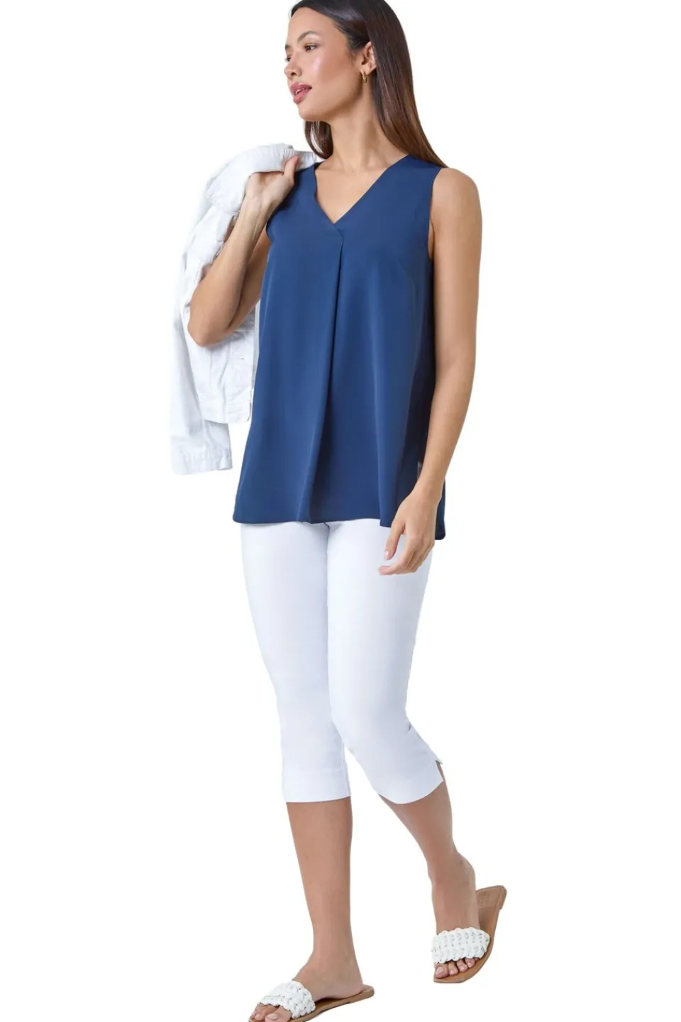 Tops>Roman Navy V Neck Sleeveless Pleat Chiffon Vest Top