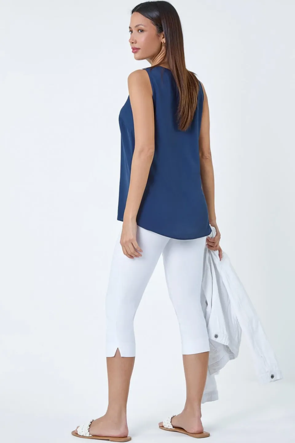 Tops>Roman Navy V Neck Sleeveless Pleat Chiffon Vest Top