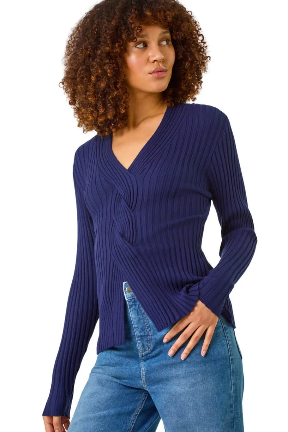 Knitwear>Roman Navy V-Neck Cable Ribbed Knit Jumper