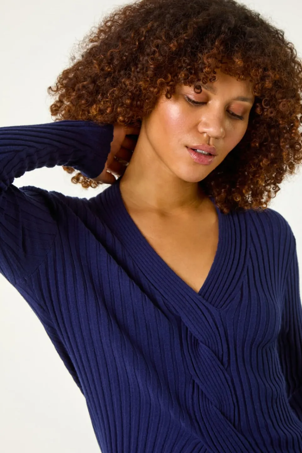 Knitwear>Roman Navy V-Neck Cable Ribbed Knit Jumper