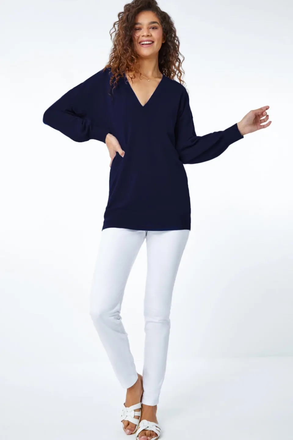 Tops>Roman V-Neck Stretch Jumper Navy