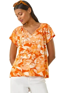 Tops>Roman Orange Abstract Leaf Print Stretch Top