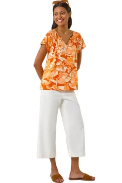 Tops>Roman Orange Abstract Leaf Print Stretch Top