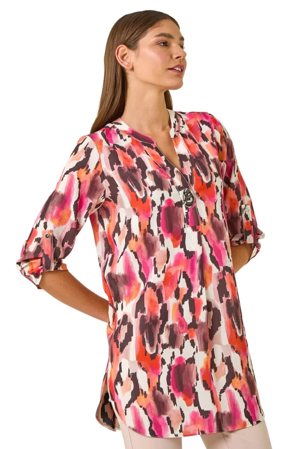 Tops>Roman Orange Abstract Print V Neck Button Top