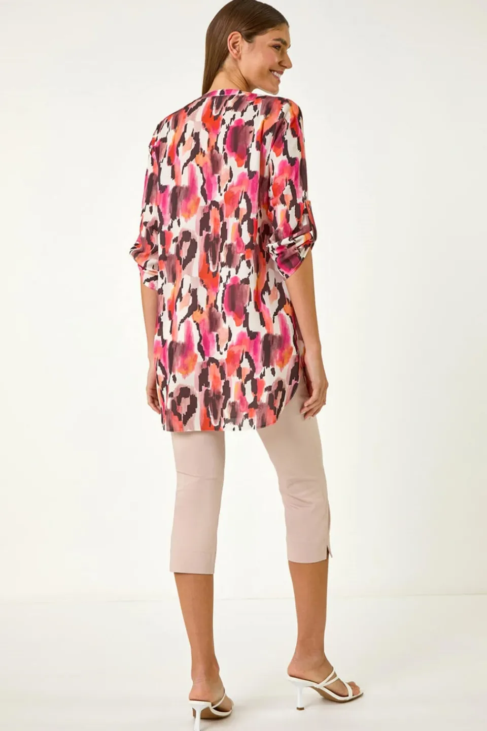Tops>Roman Orange Abstract Print V Neck Button Top