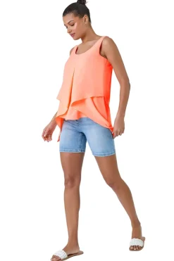 Tops>Roman Orange Asymmetric Sleeveless Vest Top