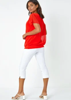 Tops>Roman Chiffon Jersey Blouson Top with Necklace Orange