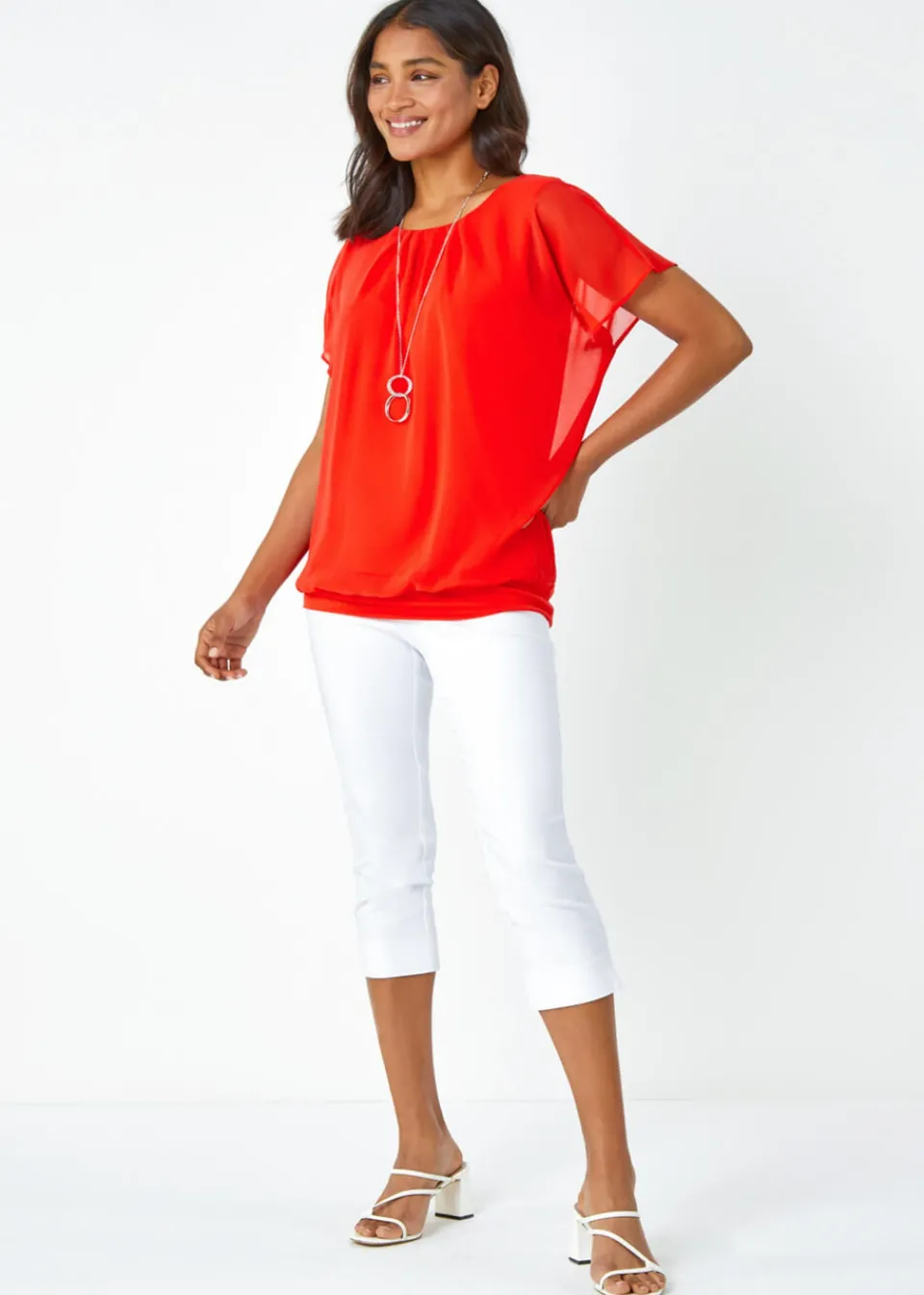 Tops>Roman Chiffon Jersey Blouson Top with Necklace Orange