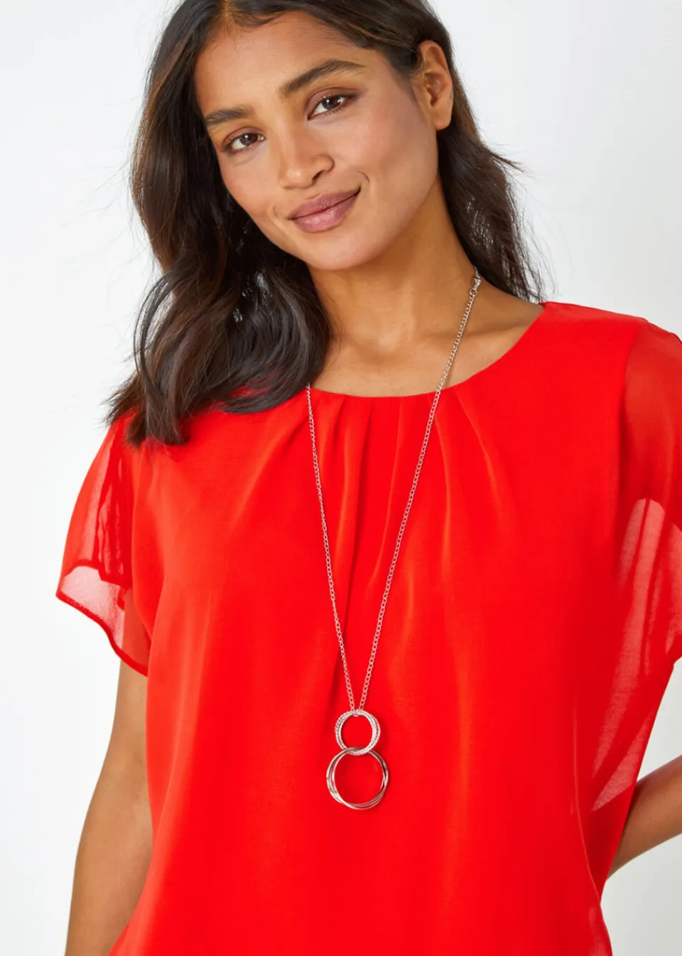 Tops>Roman Chiffon Jersey Blouson Top with Necklace Orange