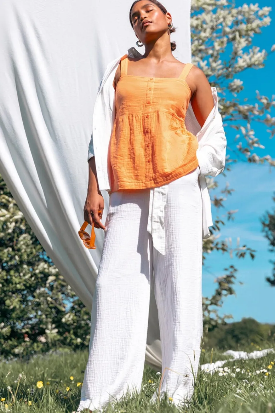 Tops>Roman Orange Cotton Button Through Shirred Vest Top