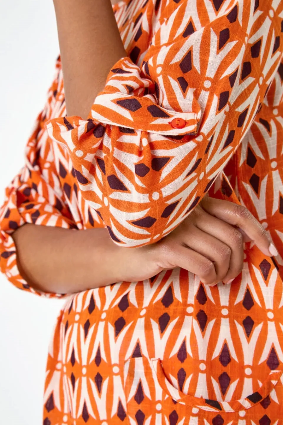 T-Shirts>Roman Orange Cotton Geometric Pocket Longline Tunic Top