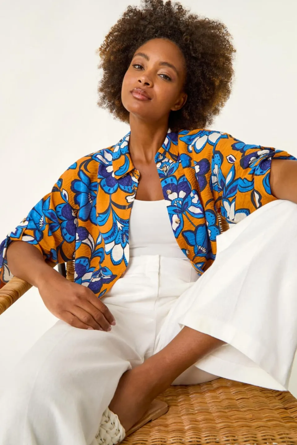 Tops>Roman Orange Floral Button Up Blouse