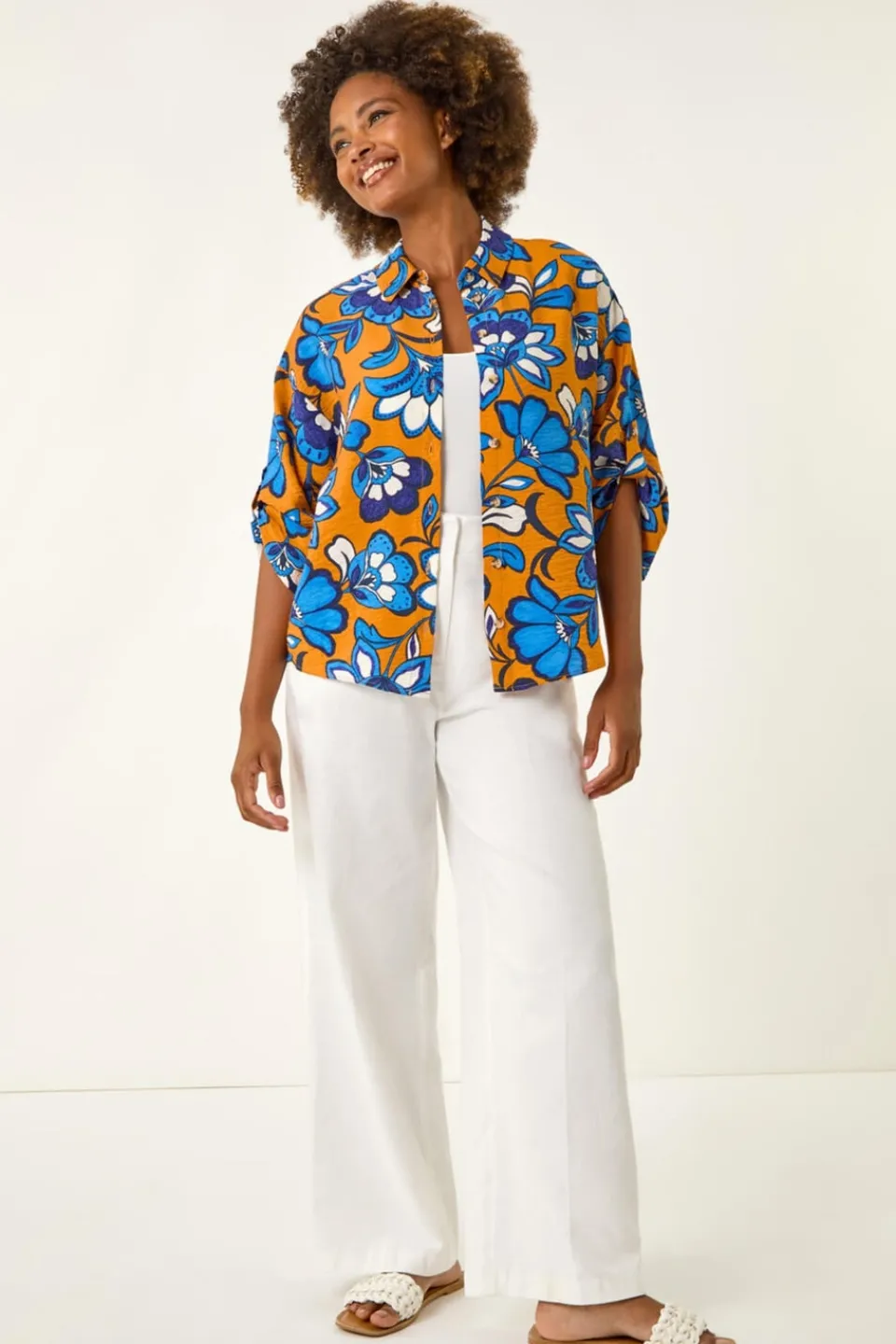 Tops>Roman Orange Floral Button Up Blouse