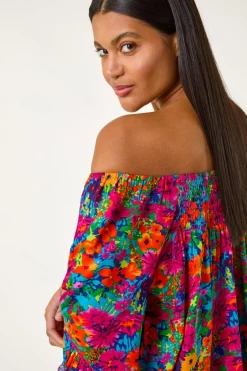 Tops>Roman Orange Floral Print Bardot Top