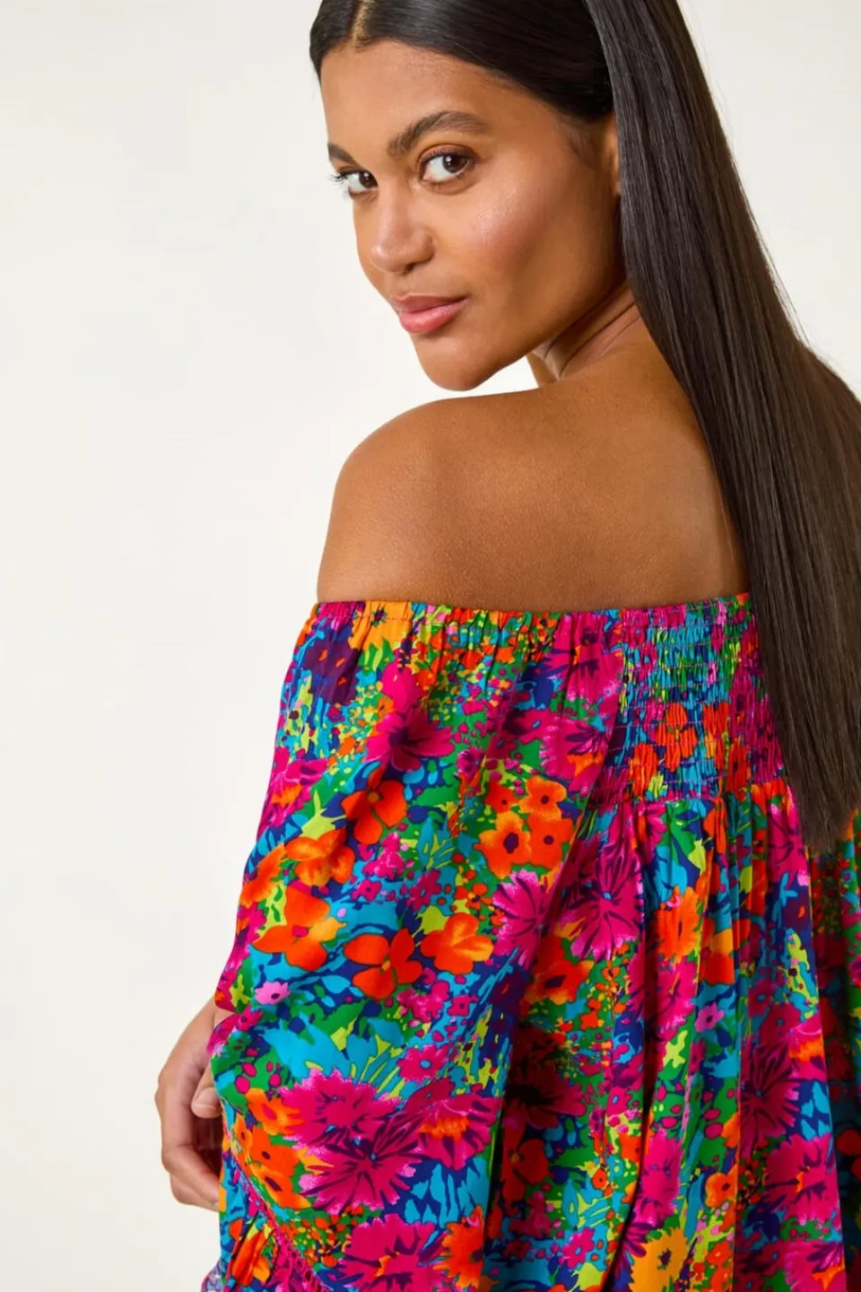 Tops>Roman Orange Floral Print Bardot Top