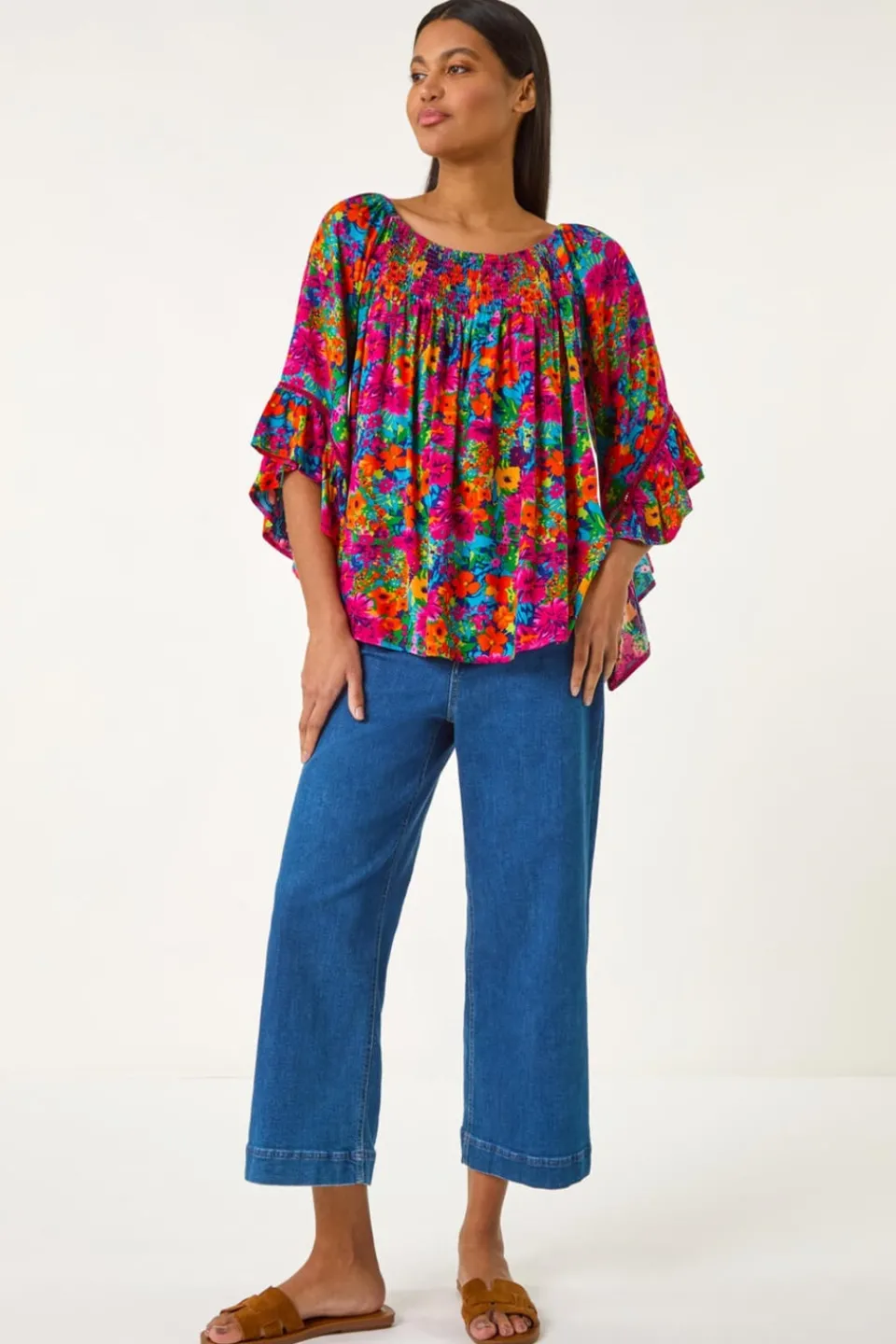 Tops>Roman Orange Floral Print Bardot Top