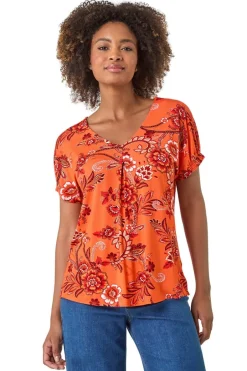Tops>Roman Orange Floral Print Pleat Front Top