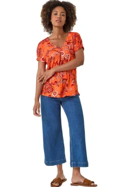 Tops>Roman Orange Floral Print Pleat Front Top