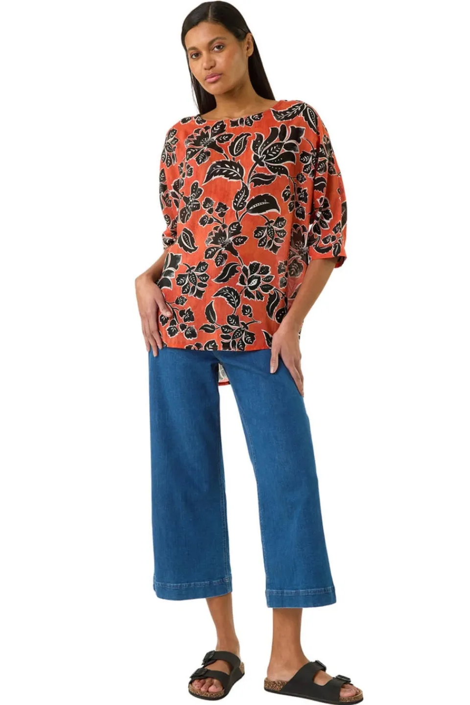 Tops>Roman Orange Floral Print Tunic Top