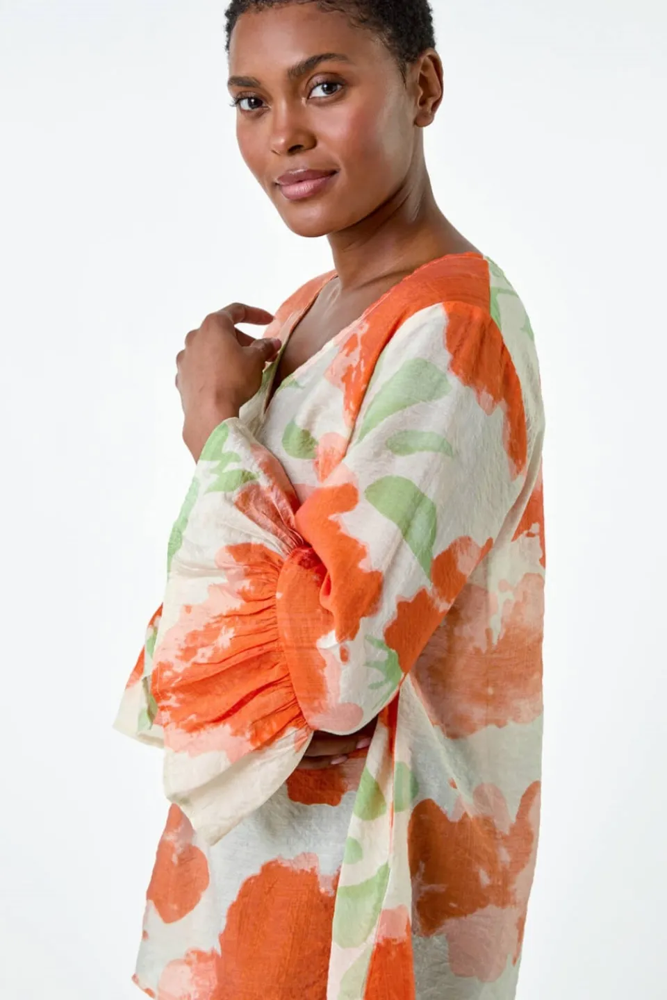 T-Shirts>Roman Orange Floral Print Frill Sleeve Top