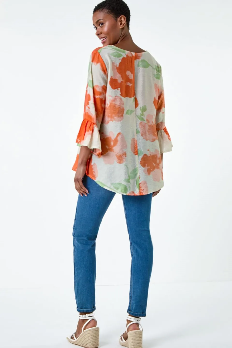 T-Shirts>Roman Orange Floral Print Frill Sleeve Top