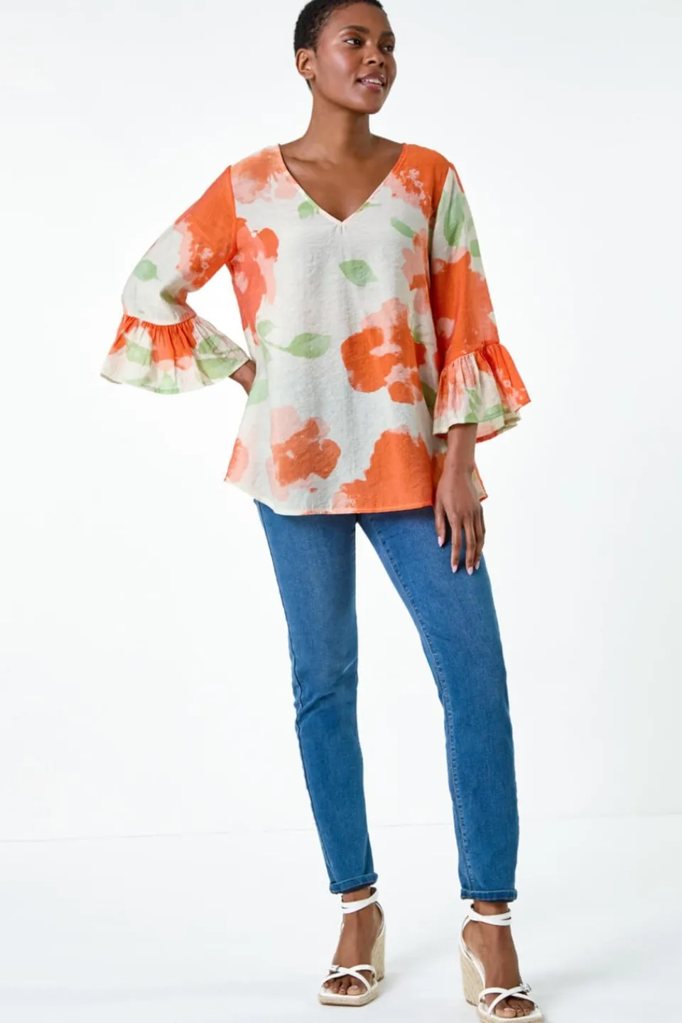 T-Shirts>Roman Orange Floral Print Frill Sleeve Top