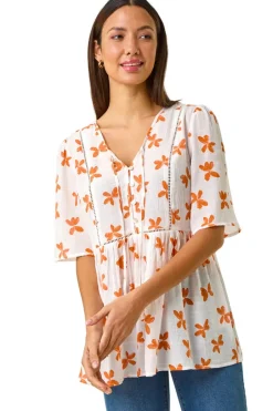 Tops>Roman Orange Floral Print Tassel Top