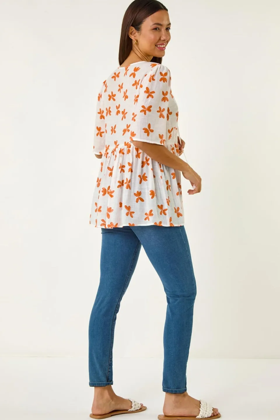 Tops>Roman Orange Floral Print Tassel Top