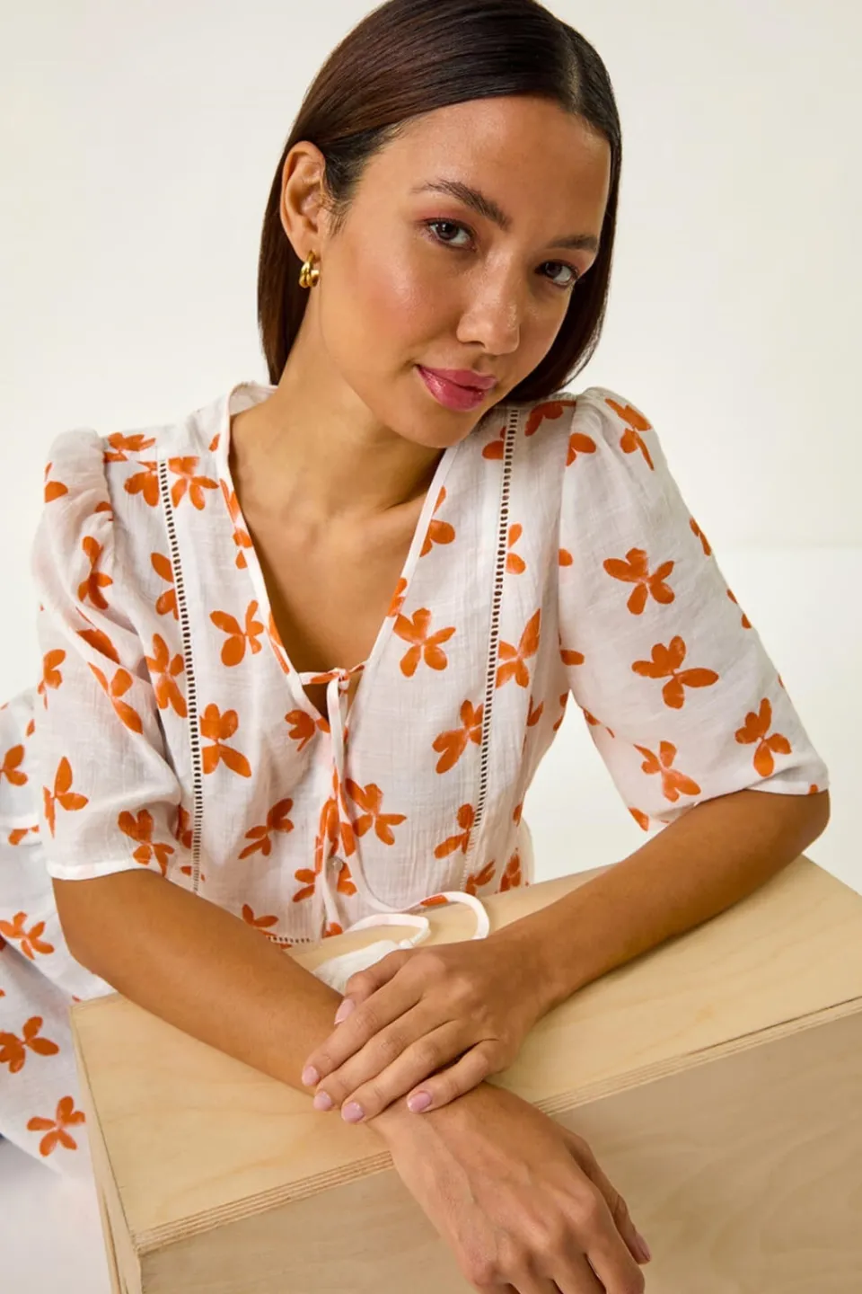 Tops>Roman Orange Floral Print Tassel Top