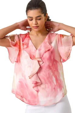 Tops>Roman Orange Floral Ruffle Front Top