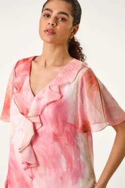 Tops>Roman Orange Floral Ruffle Front Top