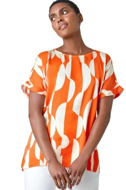 Tops>Roman Orange Geometric Print Woven Top