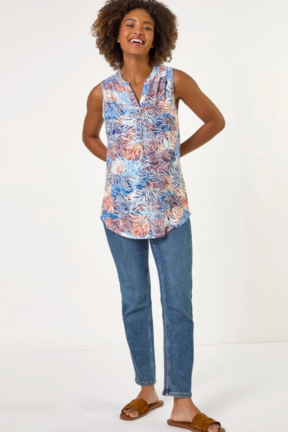 Tops>Roman Orange Leaf Burnout Print Vest Top