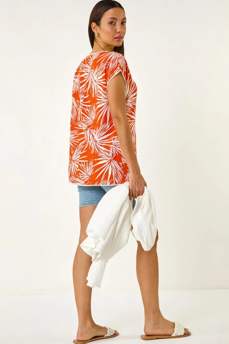 Tops>Roman Orange Leaf Print Bobble Trim Top