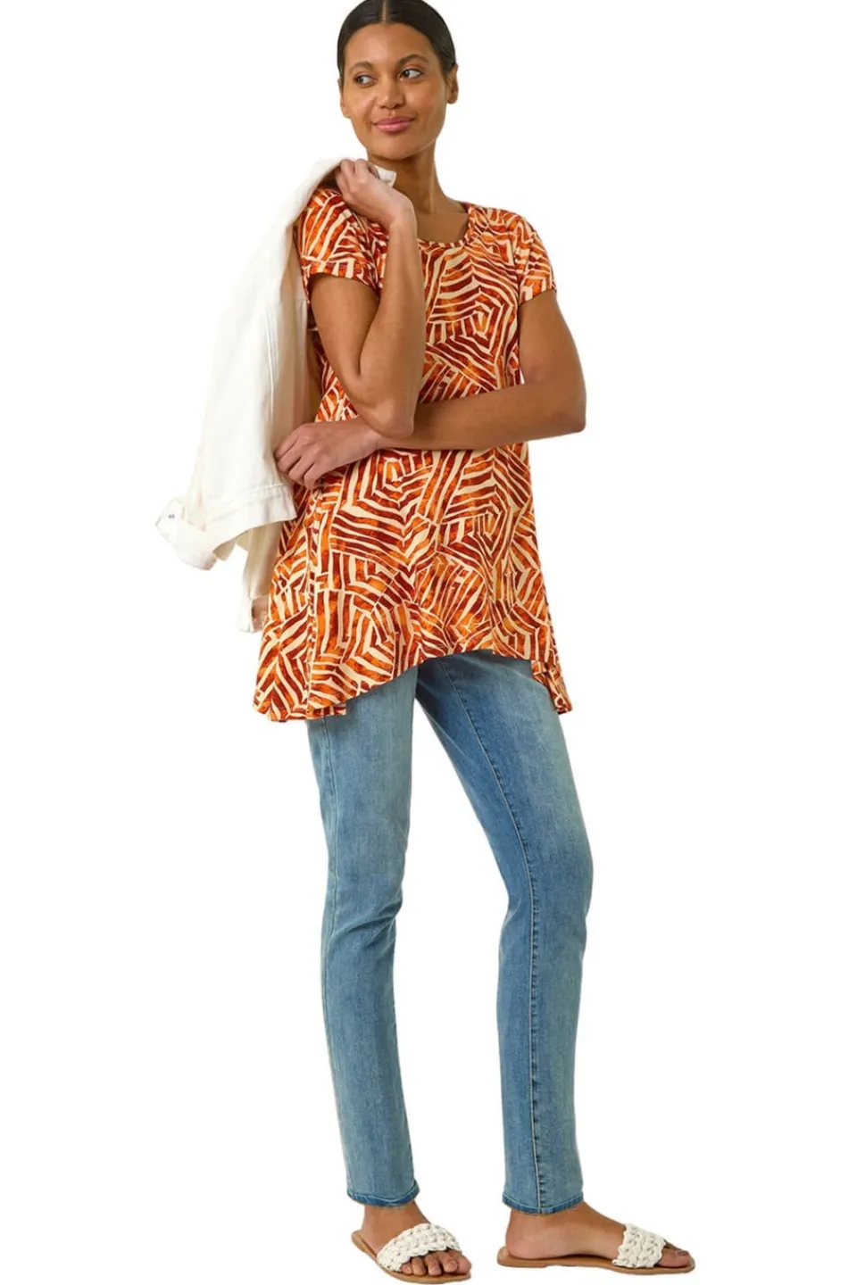 Tops>Roman Orange Leaf Print Hanky Hem Tunic Top