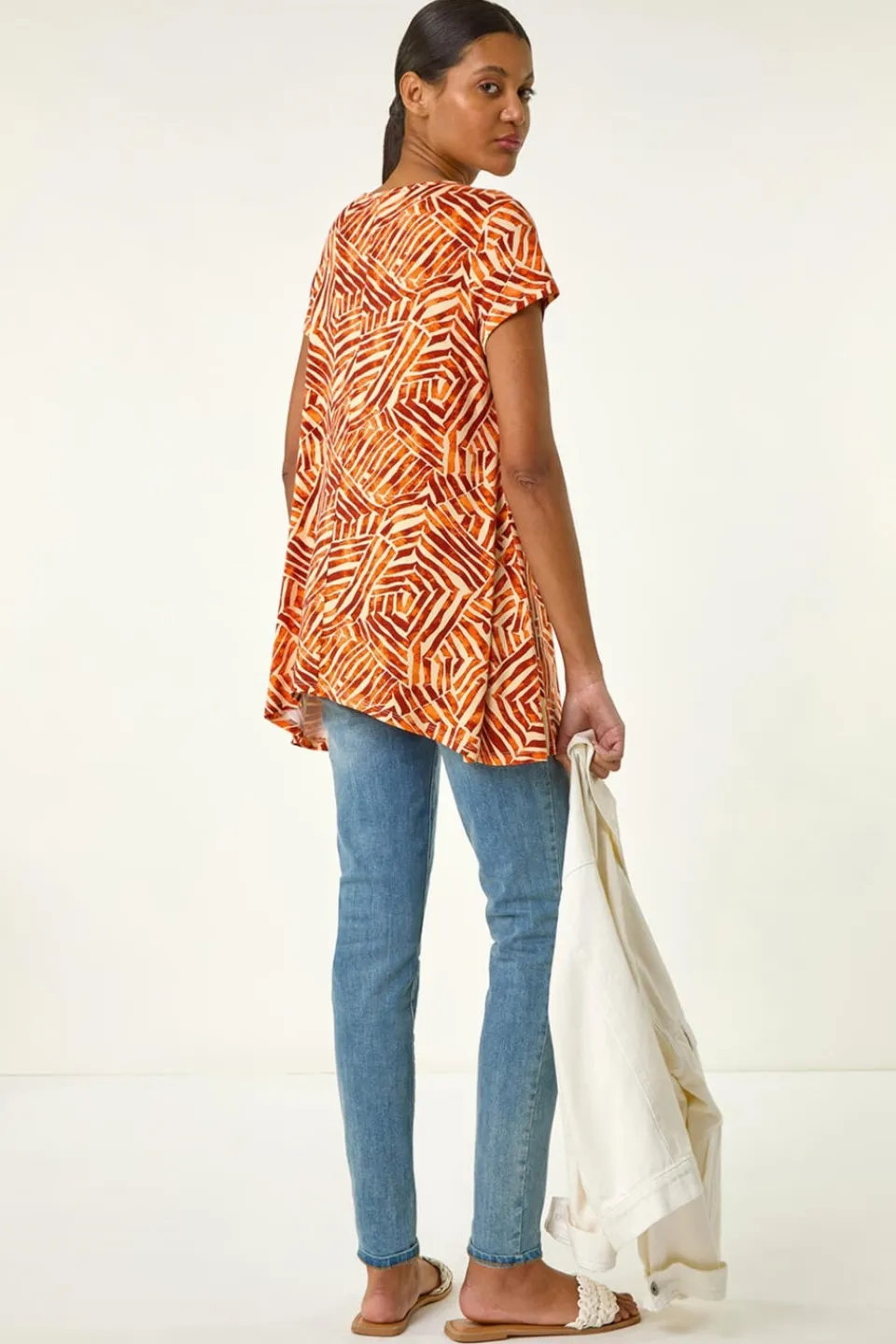 Tops>Roman Orange Leaf Print Hanky Hem Tunic Top