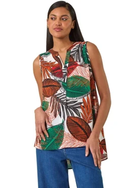 Tops>Roman Orange Leaf Print Pleated Vest Top