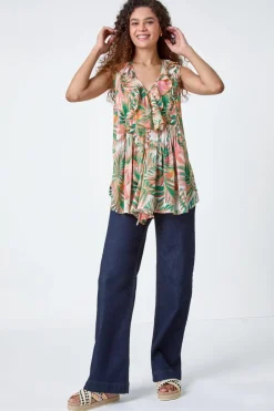 Tops>Roman Orange Leaf Print Ruffle Front Buttoned Blouse
